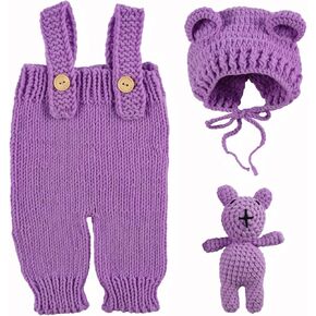 BABESIDE 3 Pcs Reborn Doll Clothes and Doll Accessories for 17-22 Inch Lifelike Dolls, Knitted Bear Doll Clothes with Doll Hat for Reborn Doll Boys & Girls, Purple(Dolls not Included)