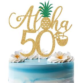 Gold Glitter Aloha 50 Cake Topper, Hawaiian Happy 50th Birthday Cake Decorations, Summer Tropical Palm Leaves Flamingo Luau Themed 50th Birthday/Anniversary Party Decorations Supplies