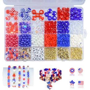 1608pcs 4th of July Patriotic Beads for Jewelry Making Independence Day Red White Blue Heishi Stars USA Letter Beads with America Flag Heart Hat Pendant Accessories for DIY (White Blue Red)