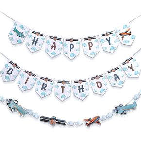 Oudain 3 Pack Vintage Airplane Banner Birthday Party Decorations Include 1 Plane Clouds Garland and 2 Celebration Garland for Airplane Baby Shower Party Supplies 1st Birthday Decorations