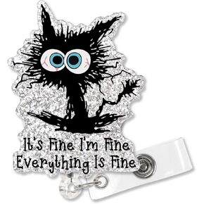 XQLZY It's Fine I'm Fine Everything is Fine Silver Glitter Cute Badge Reel Retractable with Alligator Clip, Funny Cat ID Badge Holder Gift for Nurse Doctor Colleagues Firefighters Social Workers