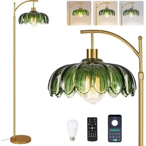 Gold Floor Lamp for Living Room,Bedroom,Mid Century Modern Standing Lamp with Remote,Dimmable Brass Tall Lamp Amber Glass Lamp Vintage Retro Arc Floor Lamps Flower Floor Light Boho Bohemian