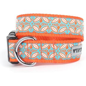 The Worthy Dog Orange Stamp Print Designer Adjustable and Comfortable Nylon Webbing, Side Release Buckle Collar for Dogs, Coral & Blue Color-Medium