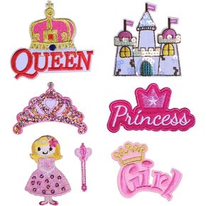 7-Pack Crown Princess Castle Girl Pink Embroidered Iron On Patch Sequin Applique Fabric Clothing Accessories DIY
