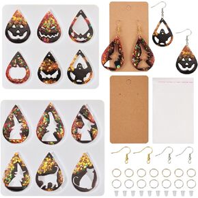KISSITTY Halloween Horror Silicone Molds for Resin Jewelry Making Kit Ghost Cat Skull Pumpkin Teardrop Shape for Earrings with Earring Hooks Ear Nuts Paper Earring Cards