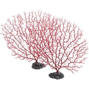 POPETPOP Artificial Sea Fan Coral : 2Pcs Fake Coral Ornament Aquarium Plants for Fish Tank Decorations, 8.45X9.24X1.81in (Red)