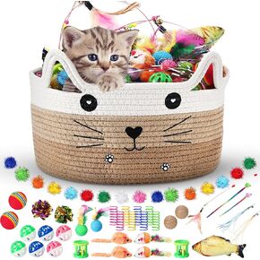 Zopeal 76 Pcs Cat Storage Basket Gift Toys Set, Interactive Cat Toys, Kitten Wand, Colorful Flashing Balls Pet Bell Crinkle Balls Spring Attract Kitten to Swat, Bite, Hunt for Pet Indoor (Grey)
