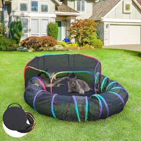 2-in-1 Cat Tunnel Bed for Indoor Cats, Cat Play Donut Tunnel with Washable Circle Cushion, Round Pet Peekaboo Cave Toy with 2 Entryways for Kitten/Rabbit/Ferret, Blue