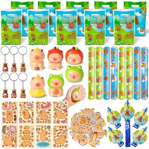 116Pcs Capybara Party Favors - Cute Capybara Party Decorations with Fidget Toys, Blow Dragons, Gift Bags, Slap Bracelets, Keychains and Stickers for Kids Classroom Prizes Birthday Gifts