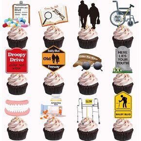 36 PCS Over The Hill Cupcake Toppers Old Age Birthday Cake Decorations Over The Hill Birthday Decorations Funny Old People Gag Gifts for Men Women Retirement Party Supplies