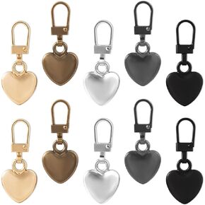 10 Pcs Zipper Pull Charm Decorative Zipper Charms Heart Shaped 1.5inch Detachable Gold Zippers Pull Replacement Repair Kits Universal for Coats Jackets Pants Luggage Sewing Notions