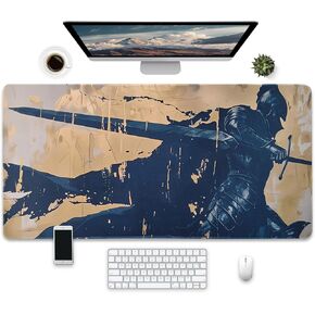 Non-Slip and Waterproof Gaming Mouse Pad, Extended XXL Desk Mat, Medieval Knight Design, Navy Blue and Beige, 31.5 x 15.7 inches, Lightweight