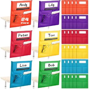 LACCHOUFEE 24 Pack Chair Pockets for Classrooms, 16" X 19" Seat Pockets for Classroom Chairs K-2, Chair Bags Organizer with Name Tag for Student Classroom Chair Back Storage in School, Multicolor