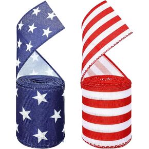 2 Pcs Patriotic Ribbon, 4th of July Ribbon, 2 1/2" x 5 Yards, red White and Blue Wired Ribbons, Red White Stripes Star USA Patriotic Decorative for Independence Memorial Veterans Day DIY Crafts