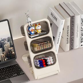 Foldable Desk Pen Organizer, Slant Desk Pen Holder, Marker Organizer for Desk, Multi-Functional Pen and Pencil Holder with 3 Large Compartments, Beige