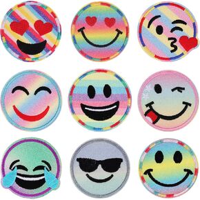 9PCS Sparkly Emoji Iron-On Patches - Cute Embroidered Smile Face Patches for Clothes, Jackets, Jeans, Hats, Backpacks – DIY Iron On Patch Set for Kids & Adults (Rainbow Colors)
