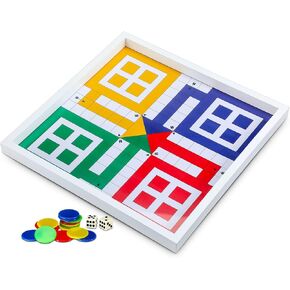 Ludo Board Game with Glass Top for Adults 17 x 17'' Ludo Board Game with 16 Tokens 2 Dice, Puzzle Toy for Family Christmas Thanksgiving Birthday Party Supplies Rustic Vintage Home Decor Gift