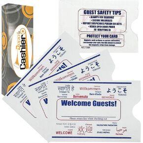 500 Hotel Key Card Envelopes – “Welcome Guests" in Multiple Languages – White 24lb Paper with Blue & Red Print – 2.375" x 3.5" Key Card Holders – Fits Standard Key Cards"
