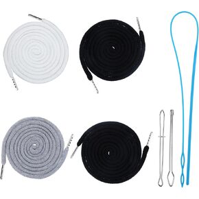 4 Pcs Drawstring Cords, 54" Hoodie String Replacement with Easy Drawstring Threader Tool, Draw String for Shorts Pants Sweatpants Jackets Coats Hoodies (Black/White/Navy/Grey)