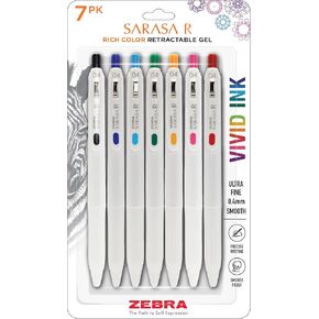 Zebra Pen Sarasa R Retractable Gel Pen, Extra Fine Point 0.4mm, School & Journaling Supplies, Rubber Grip, Binder Clip, Assorted Water-Resistant Ink, 7-Pack (47807)