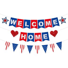 Patriotic Welcome Home Banner Decorations American Flag for Military Army Returning Homecoming Party Glitter Red Blue
