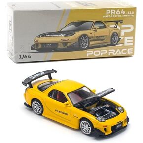 Diecast Model Car Compatible Pop Race 1:64 Mazda RX7 RE Amemiya Yellow Metallic with Carbon Top Limited Edition PR640116