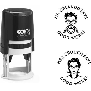 Custom Teacher Face Stamp with Personalized Text - 1-5/8" Diameter, Self-Inking, Classroom Grading, Feedback, Motivational Stamp
