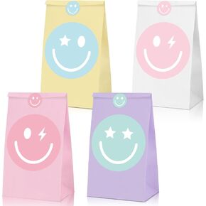 ZOIIWA 24Pcs Preppy Party Favor Pastel Smile Face Goodie Bags with Stickers Smile Face Gift Candy Paper Bags Pastel Color Rainbow Party Favor Boxes for Girls Birthday Bachelorette Wedding Supplies