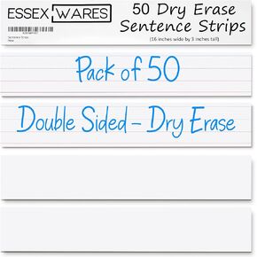 Essex Wares - 50 Pack, 16 x 3" Pastel Colored Dry Erase Sentence Strips - Sentence Strips Cardstock - Reusable & Double Sided (Ruled & Blank) White Sentence Strips for the Classroom, Home, Office