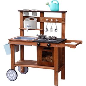 ROBOTIME Mud Kitchen for Kids Outdoor with Wheels, Fun Wooden Kid Kitchen Playset for Backyard Pretend Cooking, Outdoor Sink & Storage, Role Play Toy for Boys and Girls Ages 3+