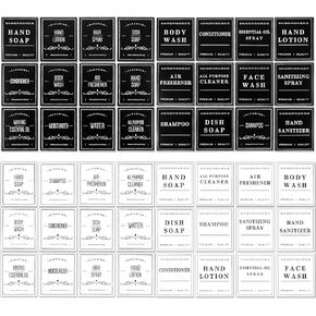 48pcs Waterproof Soap Labels, Soap Dispenser Labels Removable Bathroom Organization Sticker Self Adhesive Black White Label for Glass Plastic Bottle Hand Soap Dish Shampoo Conditioner Body Wash
