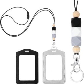 Teacher Lanyards for ID Badges, Leather Badge Holder for Women, Silicone Beaded Lanyard Breakaway Teacher Badge Reel, Cute Teacher Lanyard with 2 Card Holders for Cruise Employee Nurse Keys