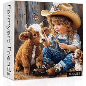 Animal Farm Puzzles for Adults 1000 Pieces, Cute Highland Cow Puppy Jigsaw Puzzles, Nature Country Farmyard Friendship Puzzle