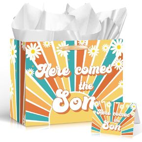 Yoirrat Here Comes the Son Gift Bag Here Comes the Son Baby Shower Decorations with Tissue Paper and Card for Boys Bags for Retro Sunshine 1st Birthday Baby Shower Party Supplies