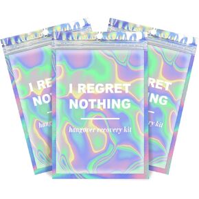 Fcuadro Hangover Kit Bags 20Pcs Holographic I REGRET NOTHING Hang Over Recovery Bag Bachelorette Party Supplies Gift Bags for Bridal Shower Party Favors 5X7 (I REGRET NOTHING)