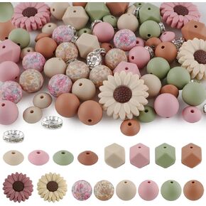 82Pcs 12mm 14mm 15mm Silicone Beads for Keychain Making, 10mm Rondelle Rhinestone Spacer Print Hexagon Round Camel Navajo Matcha Blush Sunflower Silicone Focal Beads for Pens