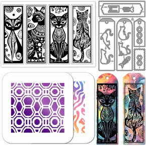 GLOBLELAND Art Cat Bookmark Clear Stamps Cutting Dies PET Painting Stencils for Card Making Cat Fish Bone Tags Silicone Stamp Metal Background Die Cuts PET Paint Stencils for DIY Scrapbooking