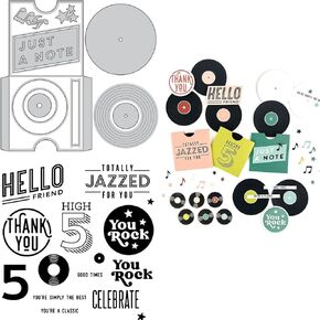 Records Player and Records Dies for Card Making DIY Scrapbooking Music Note Just A Note Stars Metal Cutting Dies Coordinate Records and Numbers Words Transparent Silicone Seal Stamping Stamp for Craft