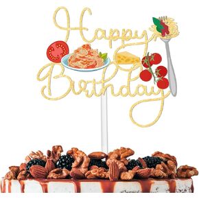 Gold Glitter Happy Birthday Pasta Cake Topper Cheer to Food Spaghetti Theme Party Decoration Supplies Men Women Happy Birthday Anniversary Wedding Party Decor Supplies