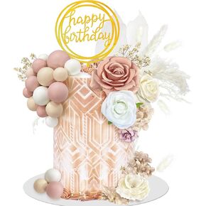 37 PCS Boho Cake Topper Balls Cake Topper Vintage Artificial Rose Flowers Various Dried Pampas Grass for Wedding Bridal Birthday Party Supplies