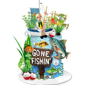 Fishing Cake Topper with Rod Float Seaweed Boat Fish for Fisherman Themed Decoration and Retirement Party Supplies