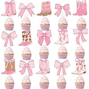 Cowgirls Boots Bows Cupcake Toppers Coquette Cake Decorations 48Pcs Pink Cowgirls Boots Cupcake Picks for Western Birthday Baby Shower Party Supplies
