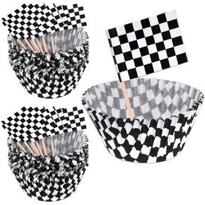 100Pcs Checkered Cupcake Liners and 100Pcs Checkered Flag Cupcake Toppers, Racing Car Theme Party Decorations Supplies (Black and White)