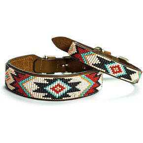 Phoenix Dog Collar - All Natural Handmade Soft Leather Dog Collar w/Durable Hand Stitched Beads and Embroidery for All Dogs (16-18")