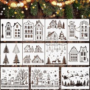 11 Pcs Summer Christmas Stencils for Painting Xmas Windows Stencil for Crafts Reusable Large Summer Holiday Template with Metal Open Ring for DIY Wood Glass Wall Home Decor