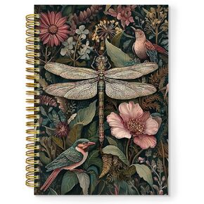 TNUW Vintage Dragonfly Floral Spiral Notebook, William Morris Cottagecore Flower Journal Notebooks for Note Taking, Dragonfly Gifts for Women, Retro Floral Hardcover Notebook Journal, 5.5x8.3 Inch