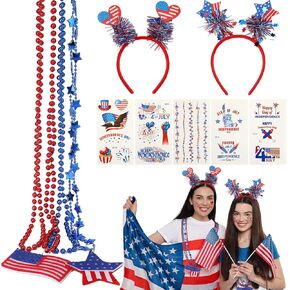 NOVWANG 4th of July Party Favor Set, Patriotic Decorations USA Flags, Headband, Red White Blue Bead Necklace, Tattoo Stickers for Independence Day Memorial Day Parades and Patriotic Party Supplies