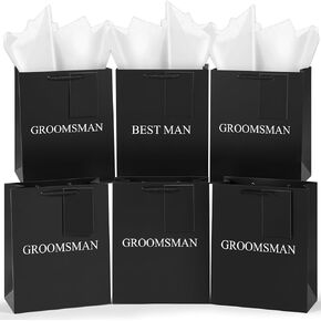Yeaqee 6 Pack Groomsmen Gift Bags with Tissue Paper Wedding Favor Bag with Tag DIY Best Man Proposal Gift for Groomsman Best Man Bachelor Party Supplies, 10x8x4 Inch