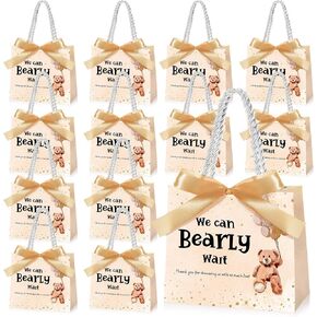 Spakon 25 Pack Bear Baby Shower Favor for Guests We Can Bearly Wait Baby Shower Bag Bear Paper Goodie Bag with Handles and Ribbons for Gender Reveal Party Return Gift(Blue)
