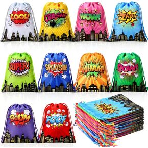 Sweetude 30 Pcs Hero Party Favors Bags Colorful Hero Drawstring Treat Bags with 10 Different Types, for Birthday Party Supplies Candy Rewards Prize Baby Shower Decorations 7.1 x 5.1 Inches